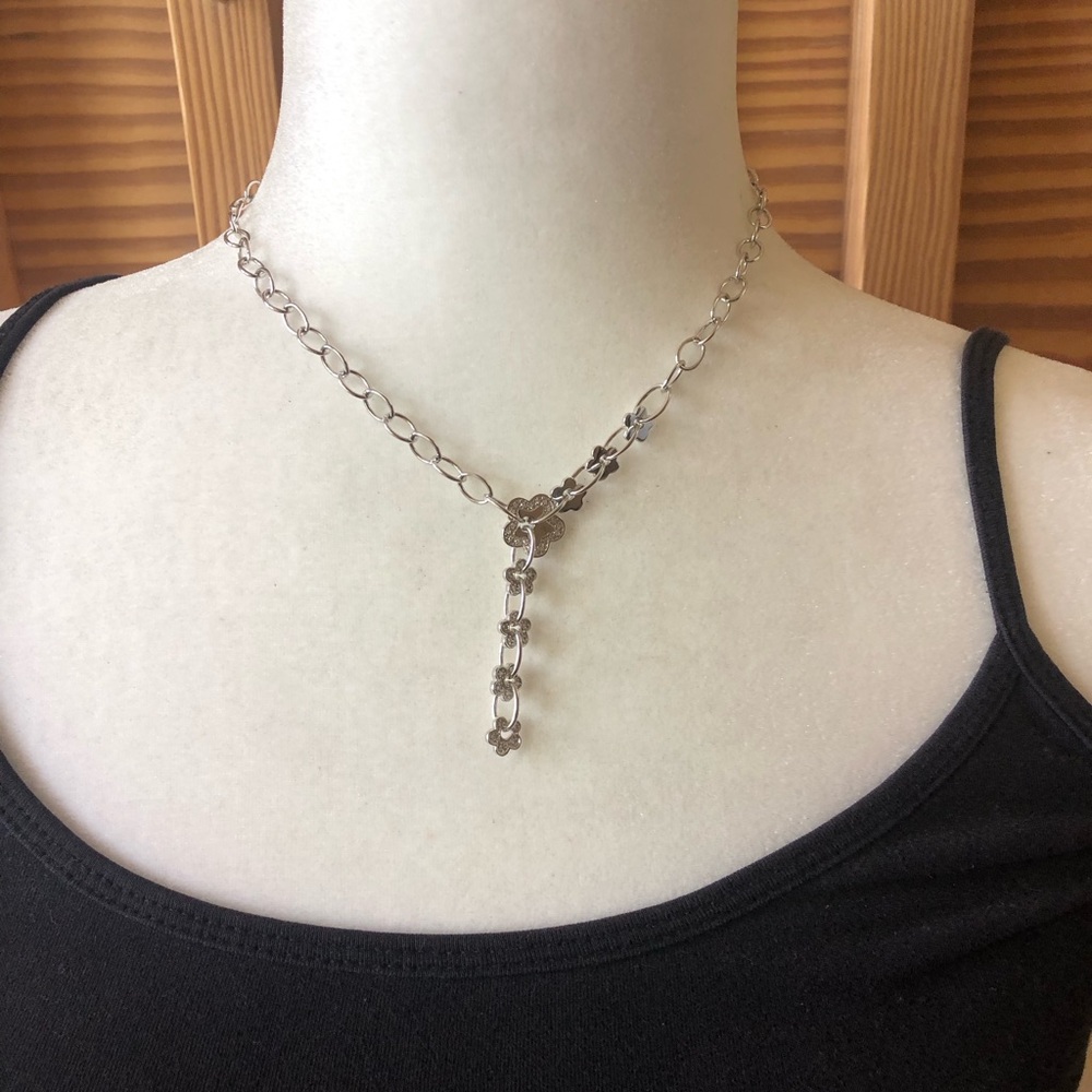 Sterling Silver Floral Lariat Necklace with Rhinestones